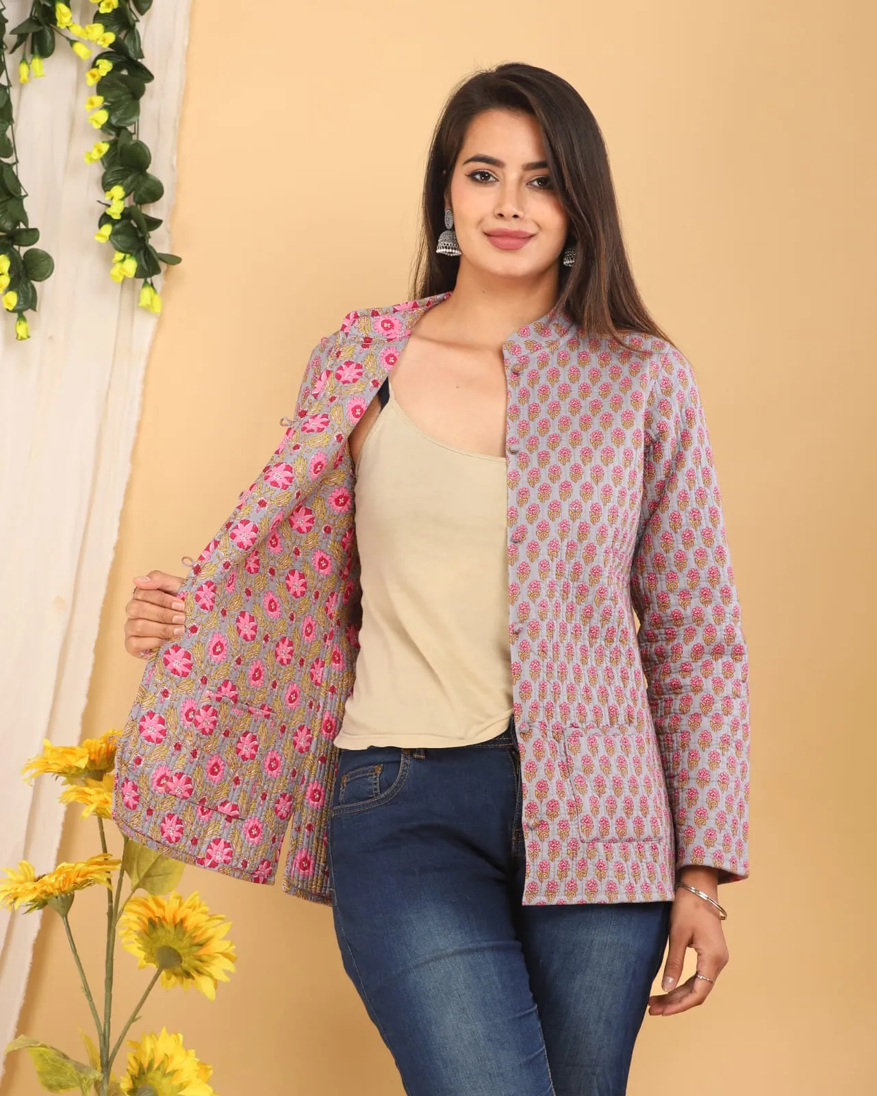 Women's Cotton Quilted Reversible Floral Jacket – Stylish & Comfortable