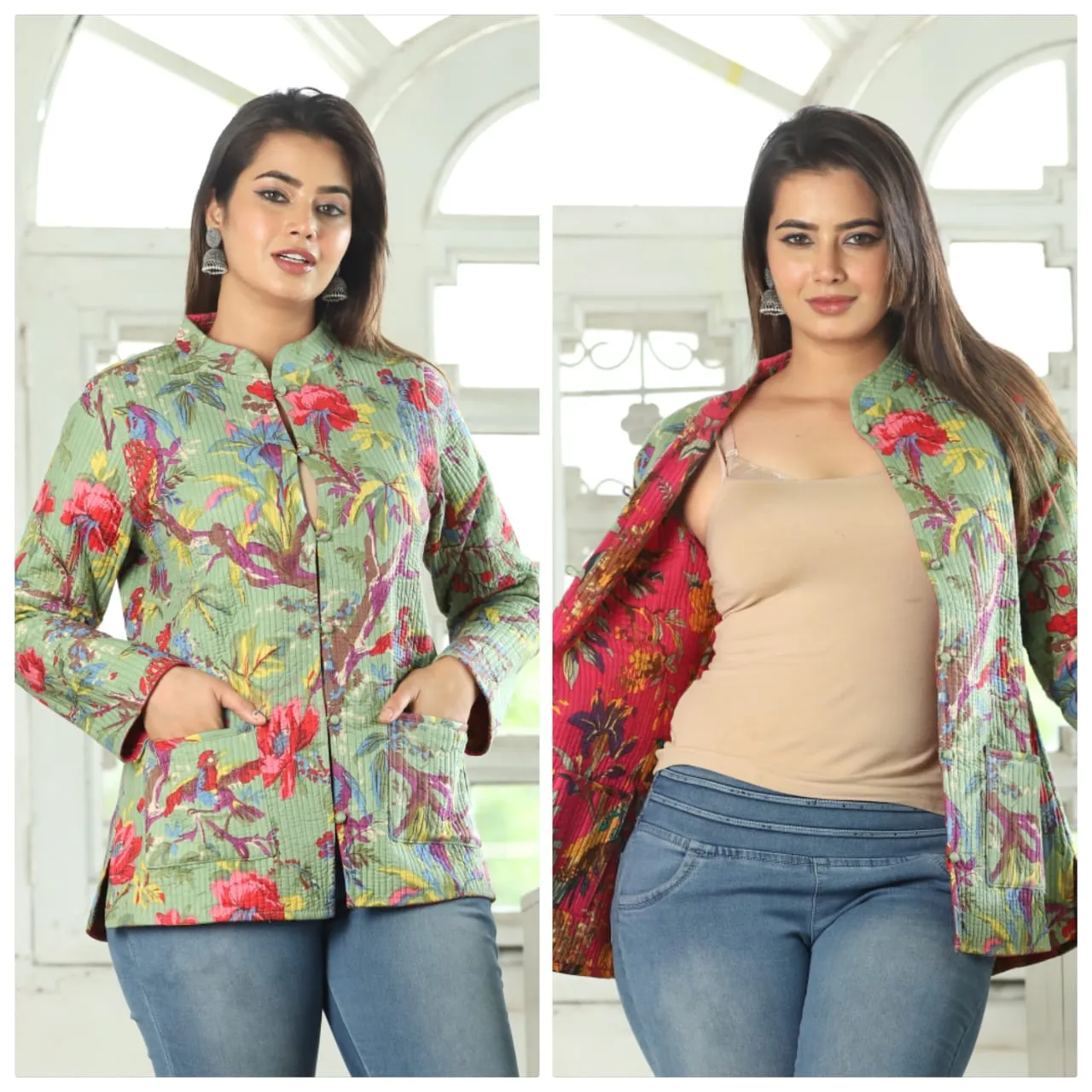 Women's Cotton Quilted Reversible Floral Jacket – Stylish & Comfortable