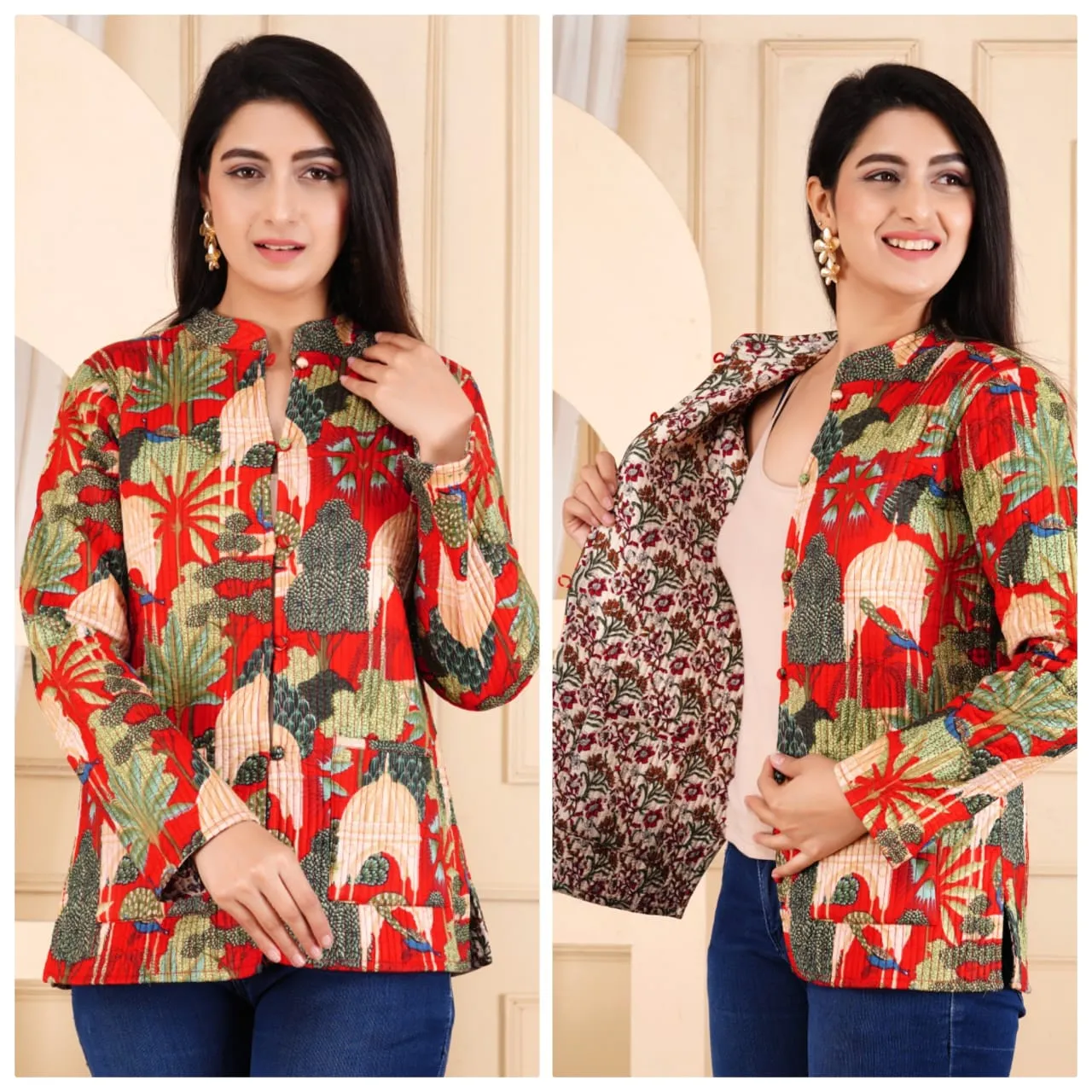 Women's Cotton Quilted Reversible Floral Jacket – Stylish & Comfortable