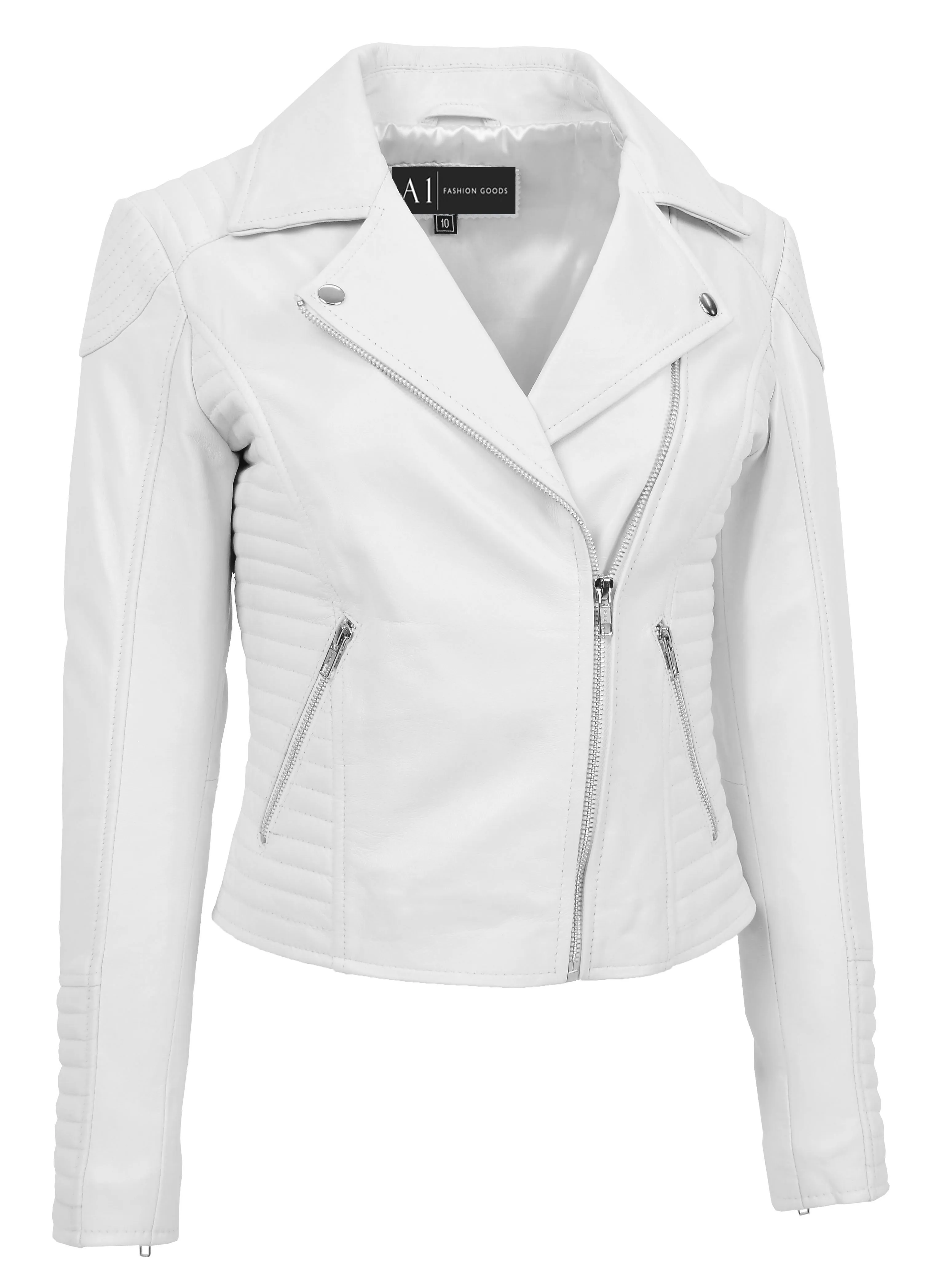 Womens Designer Leather Biker Jacket Fitted Quilted Bonita White