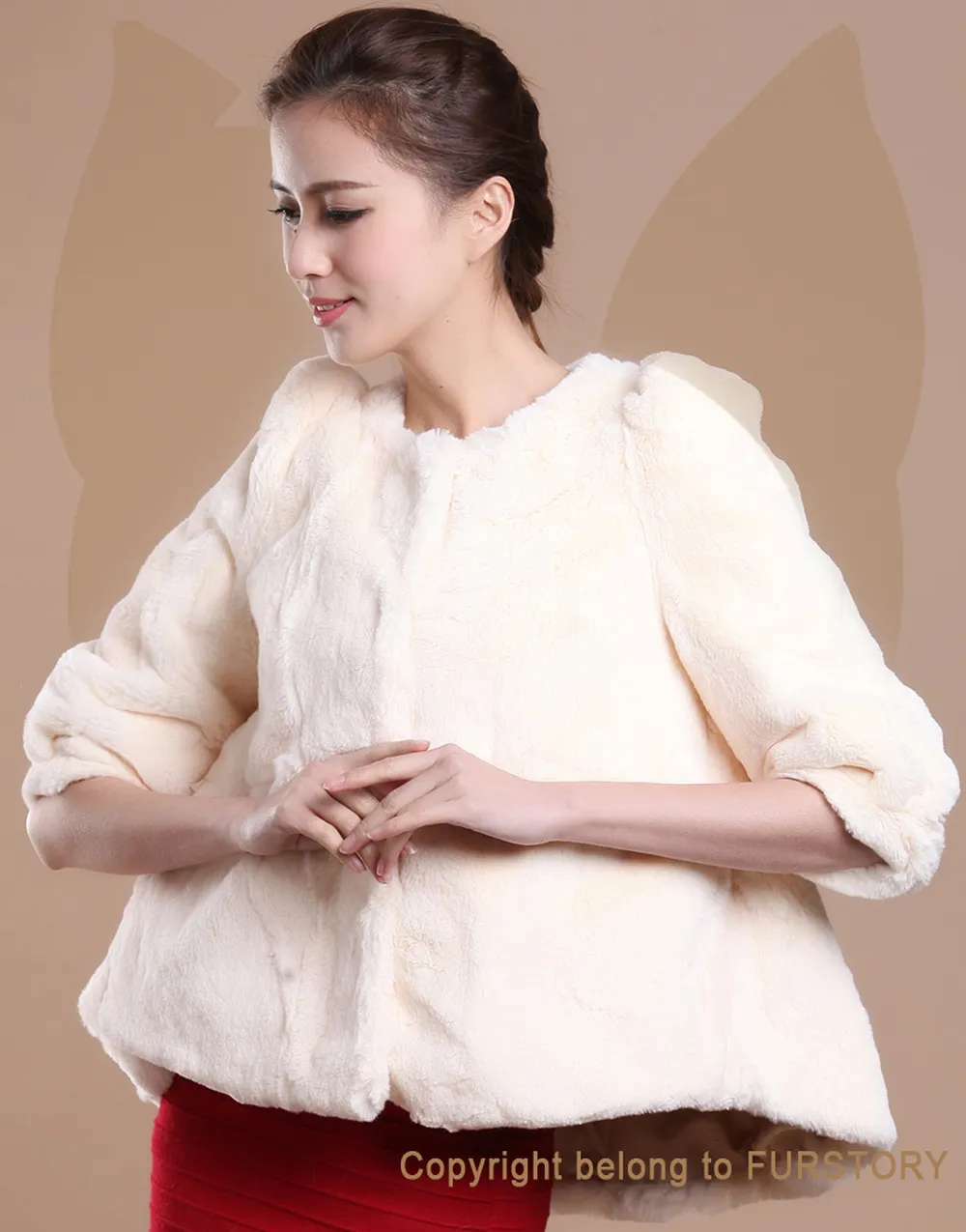 Women's Natural Rex Rabbit Fur Coat with Big Skirt Hem Half Sleeve