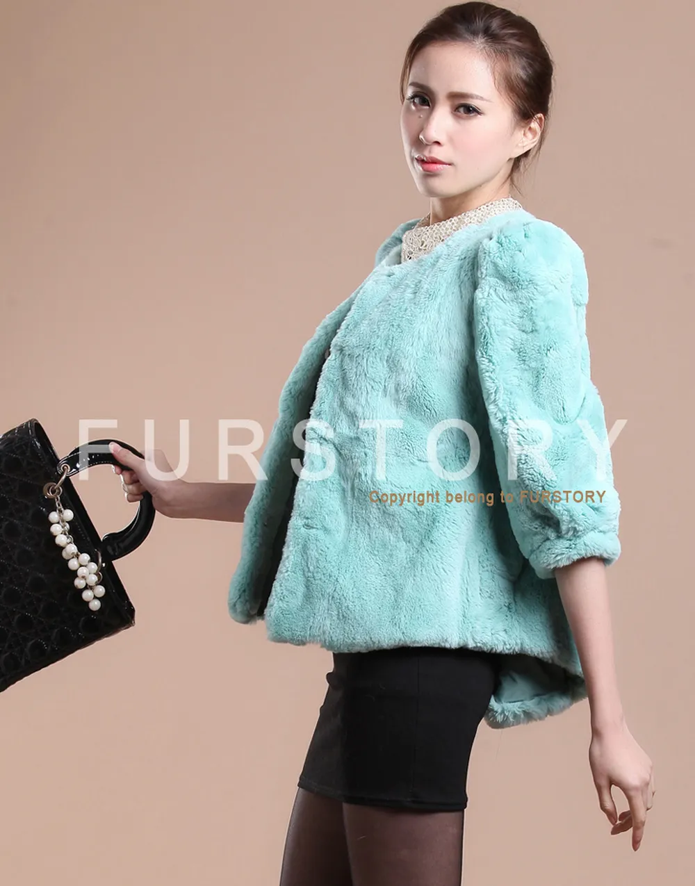 Women's Natural Rex Rabbit Fur Coat with Big Skirt Hem Half Sleeve