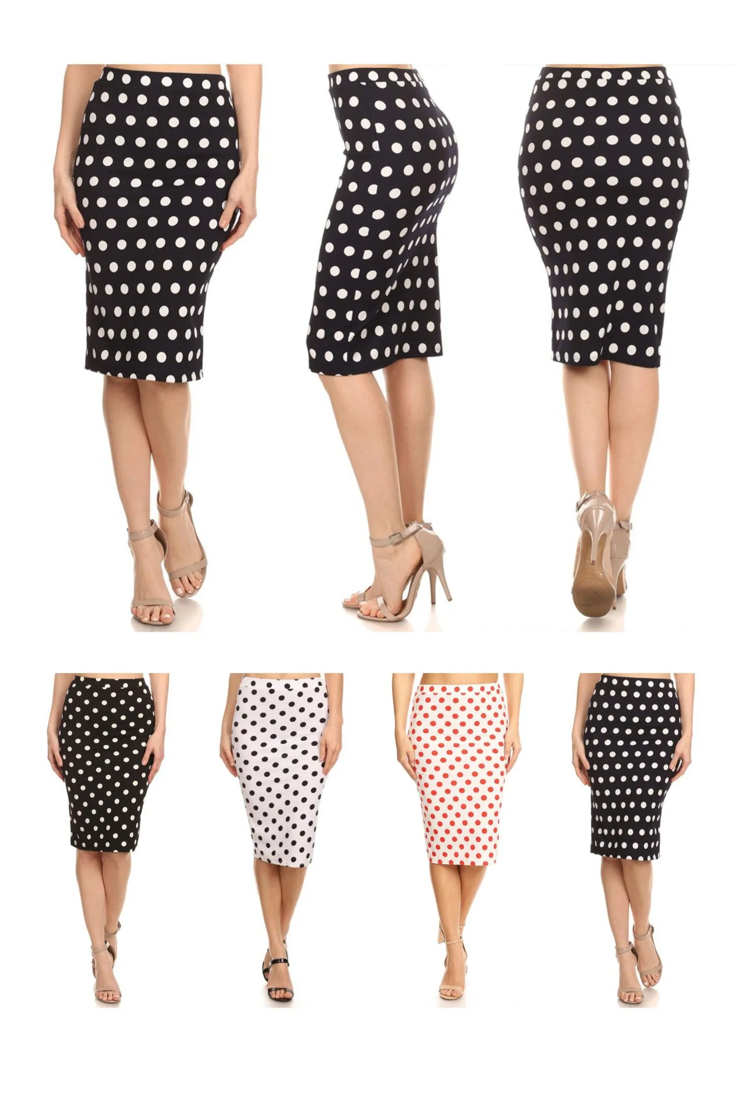 Women's Polka Dot Elastic Waistband Stretch Pencil Midi Skirt