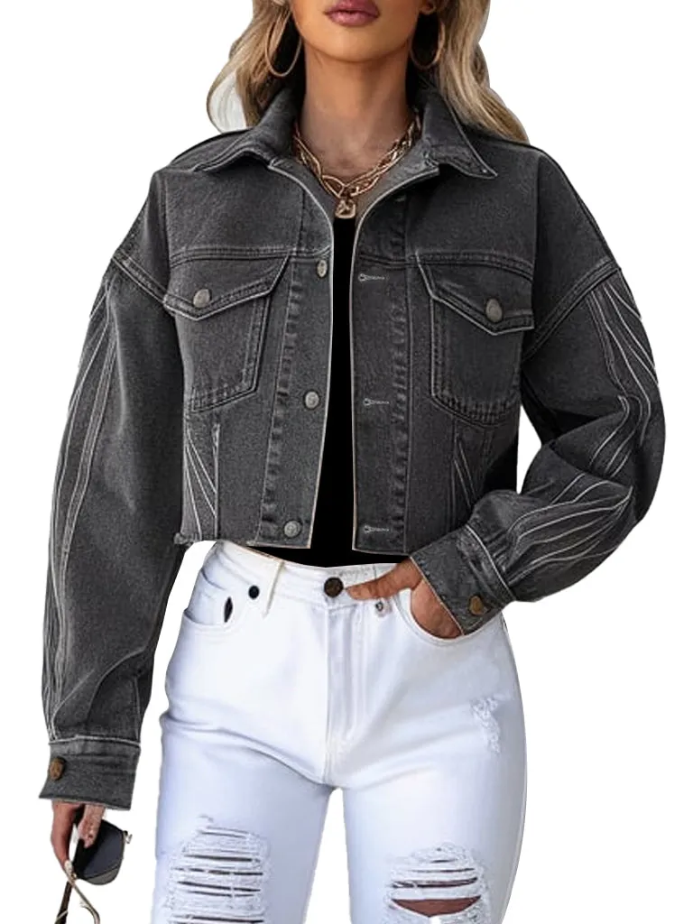 Women's Stylish Black Cropped Casual Denim Jacket