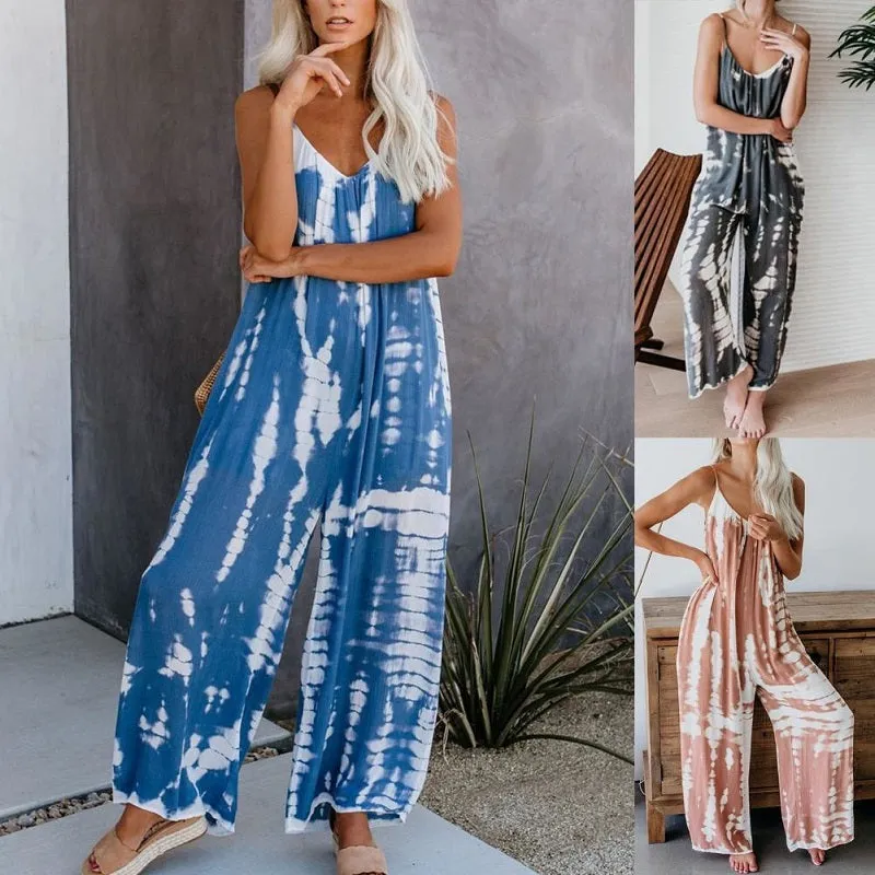 Womens Tie Dye Strap Sleeveless Casual Harem Jumpsuit