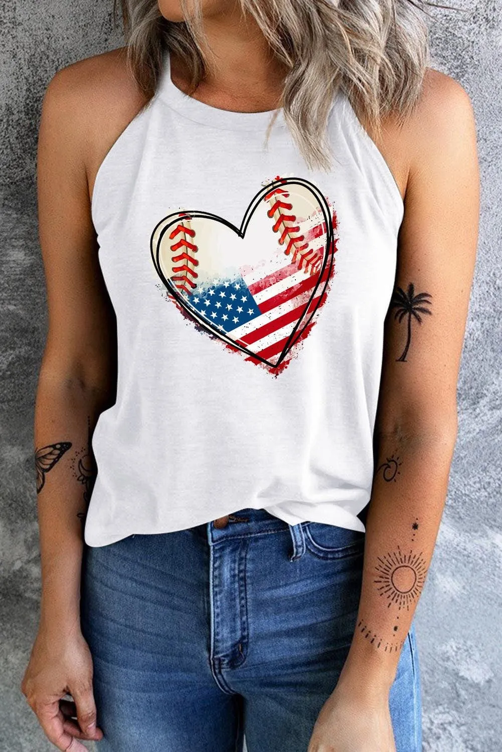 Women's US Flag Baseball Heart Graphic Tank Top