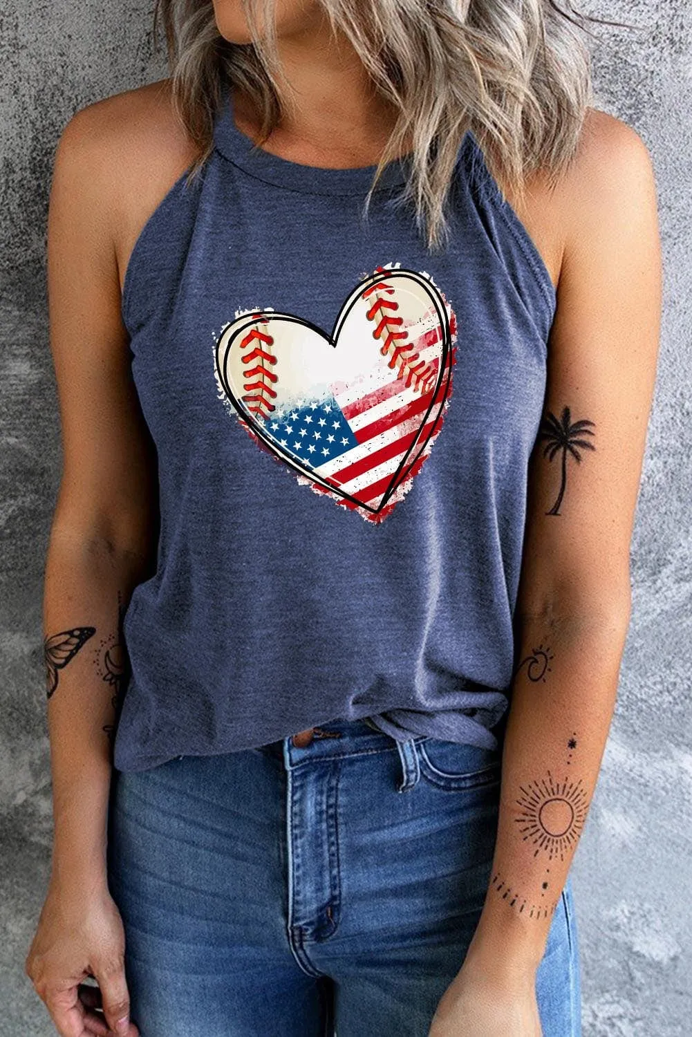 Women's US Flag Baseball Heart Graphic Tank Top