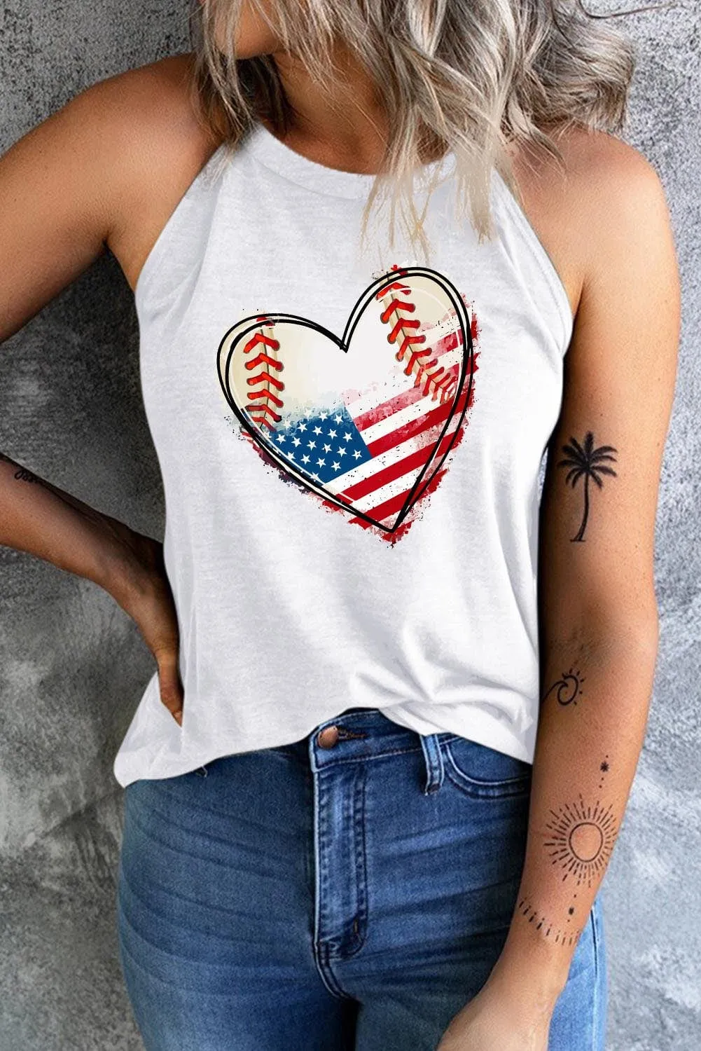 Women's US Flag Baseball Heart Graphic Tank Top