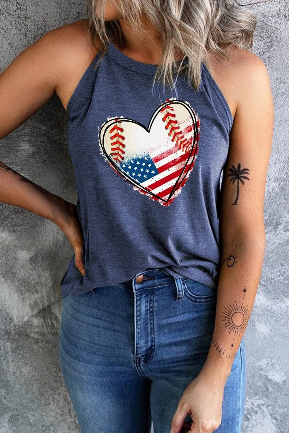 Women's US Flag Baseball Heart Graphic Tank Top