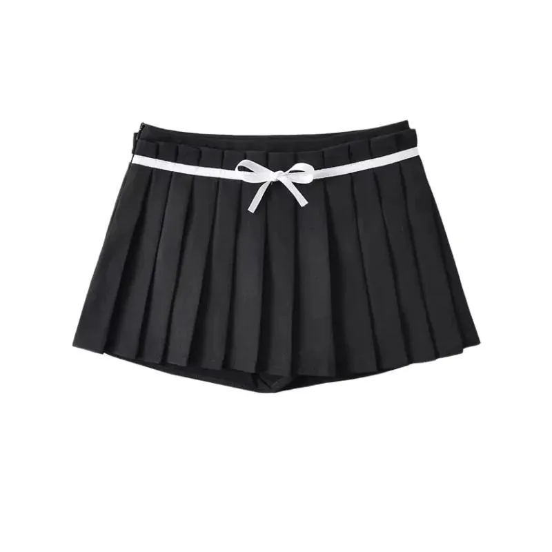 YESMYTOOL  -   Kawaii Pleated Skirt with Shorts Women Korean Preppy Style Bow Patchwork Black White Cute Mini Skirt Summer Gyaru