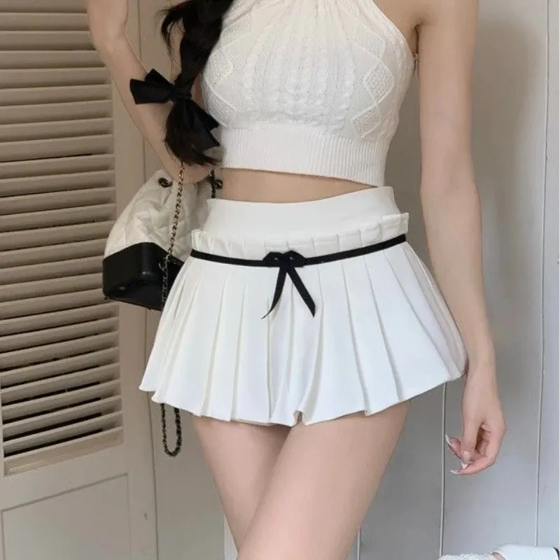 YESMYTOOL  -   Kawaii Pleated Skirt with Shorts Women Korean Preppy Style Bow Patchwork Black White Cute Mini Skirt Summer Gyaru