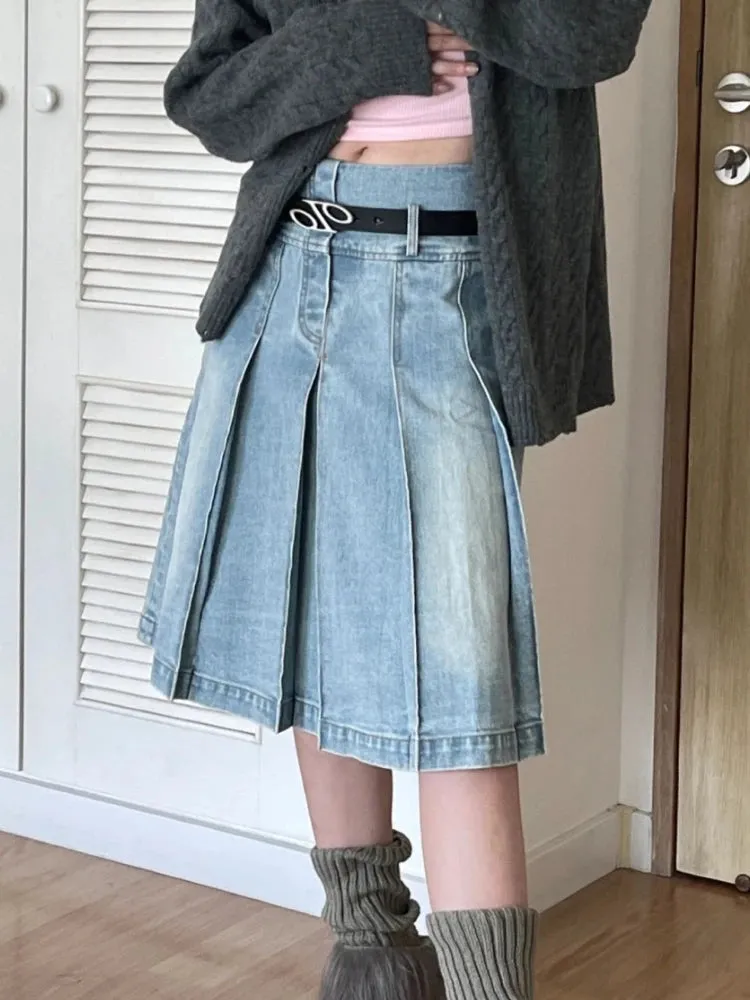 YESMYTOOL  -   Pleated Denim Skirt Women Korean Fashion Vintage High Waist Knee-Length A-line Midi Skirt Casual Y2k Streetwear Autumn