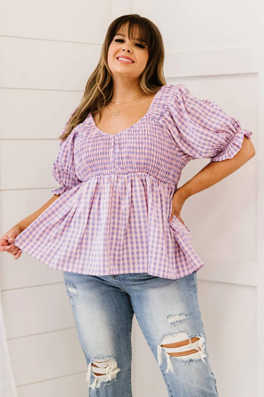 Youthful Days Gingham Smocked Babydoll Top