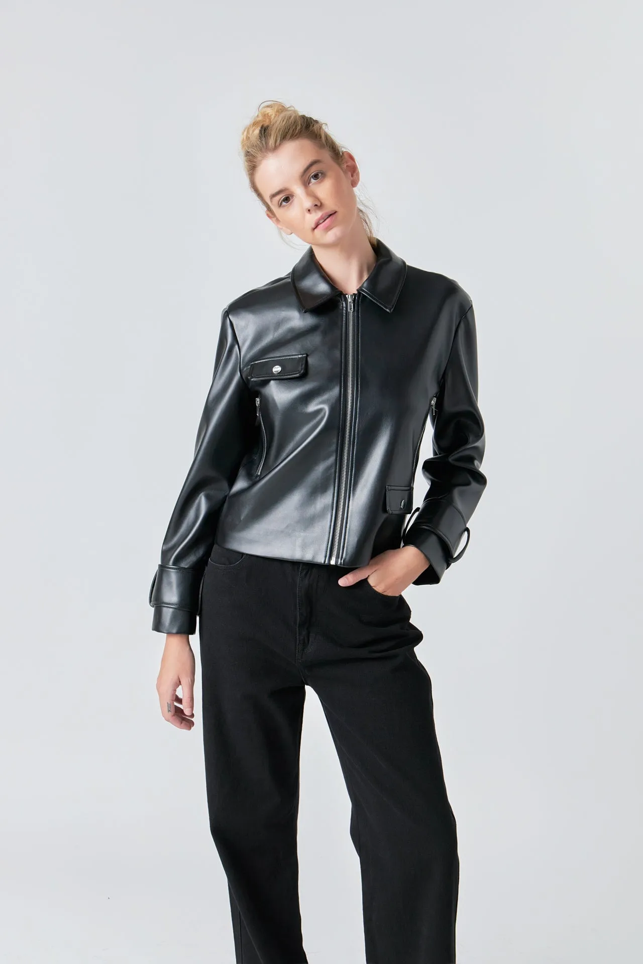 Zip Up Cropped Faux Leather Jacket